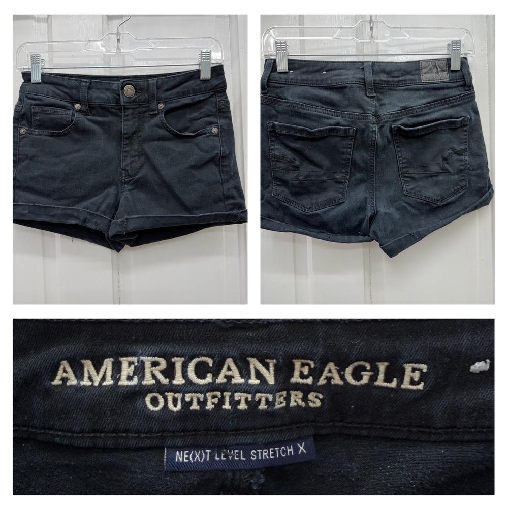 American Eagle Ne(x)t Level Stretch Hi Rise Shortie Black Jean Shorts Women's 4 - Picture 1 of 6